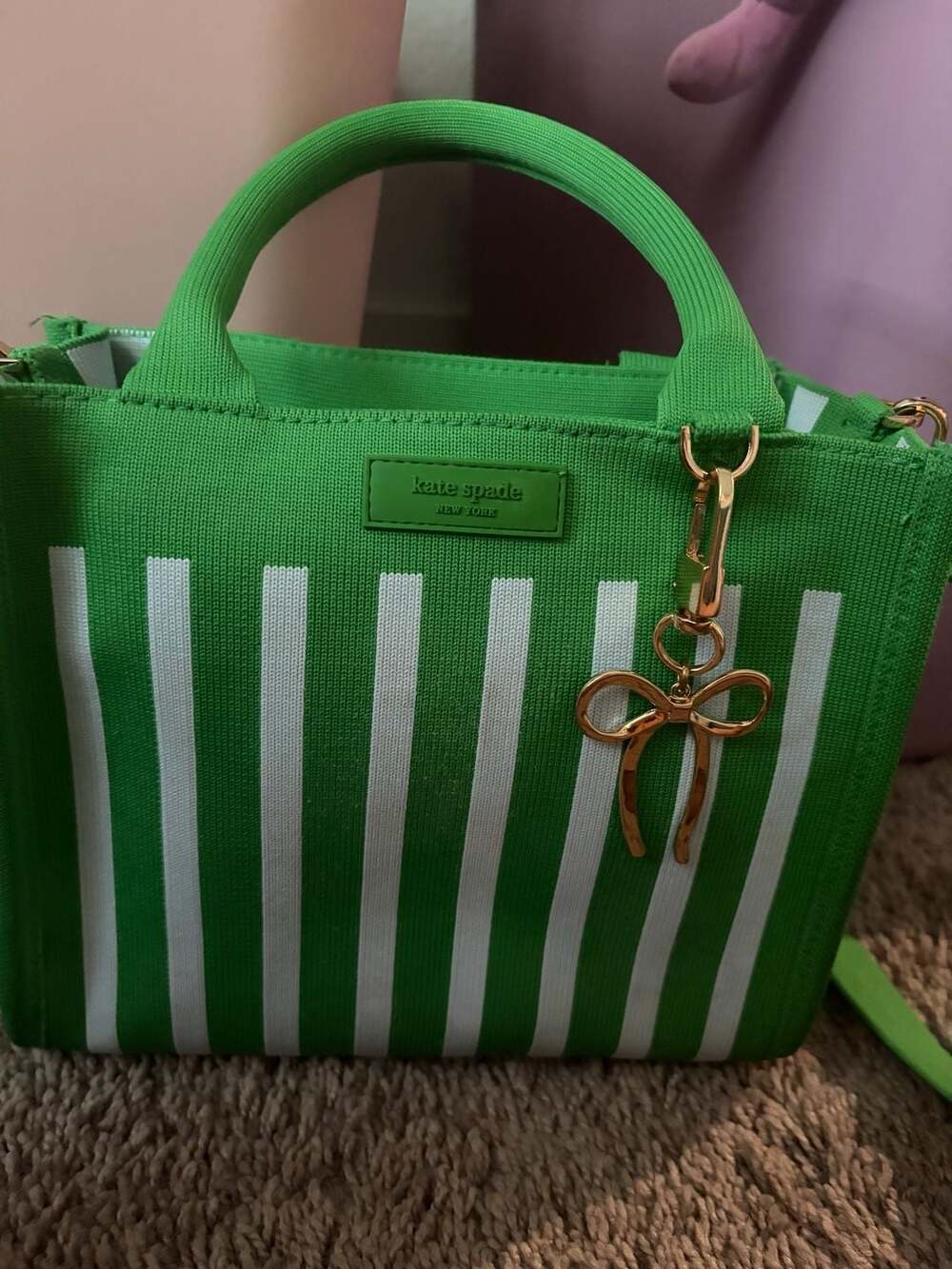 Kate Spade Green White Striped Knit Mini Tote Bag